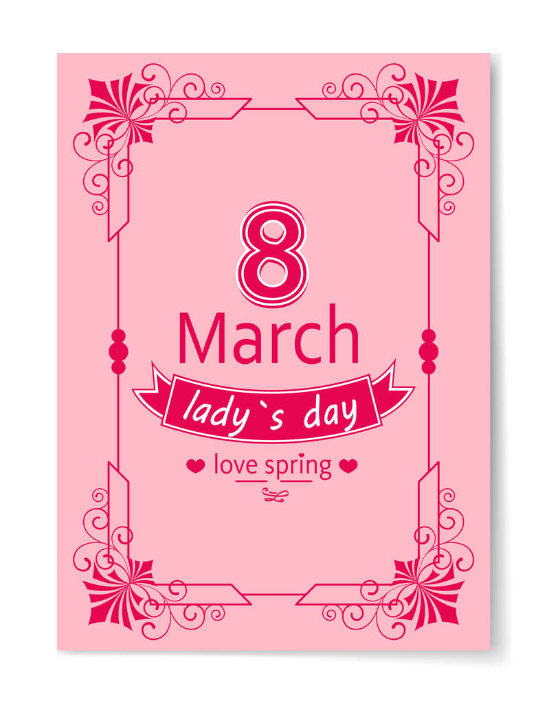 8. März Frauentag besten Wunsch Postkarte wirbelnden Rahmen - Vektor, Bild