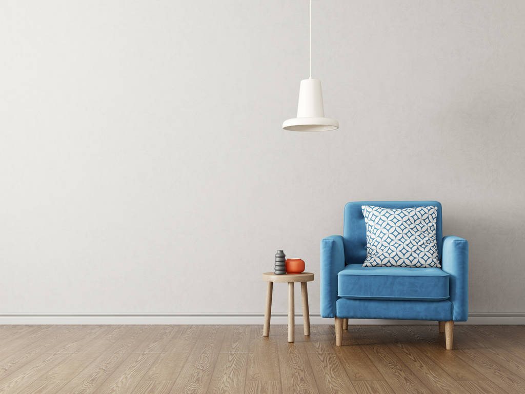 ブルーアームチェアとランプ付きのモダンなリビングルーム。北欧インテリアデザインの家具。3Dレンダリング図 - 写真・画像