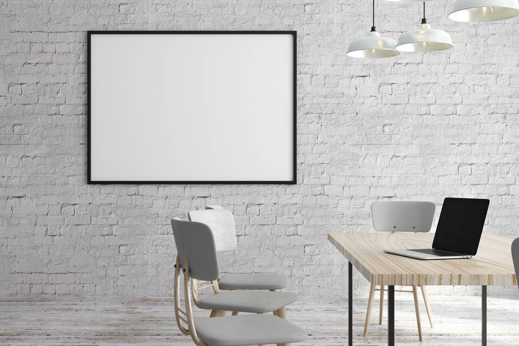 Moderni valkoinen tiili toimisto sisustus tyhjä kannettava tietokone ja mainostaulu runko seinälle. Mallintaa, 3D-renderöinti
  - Valokuva, kuva