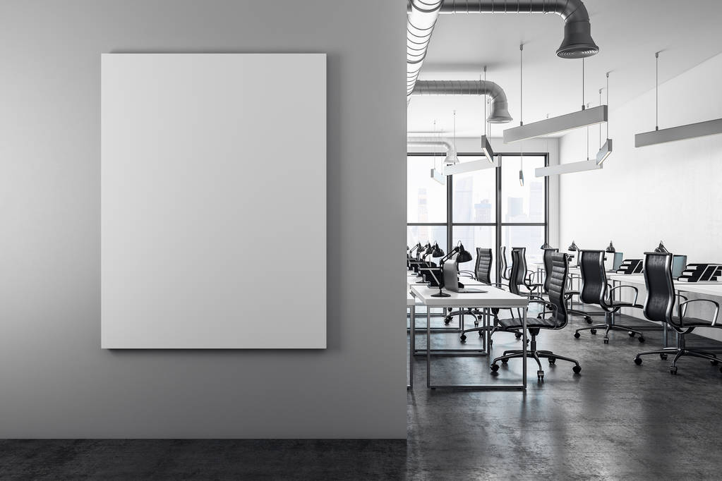 Σύγχρονη coworking εσωτερικό γραφείο με άδειο banner στο τσιμεντένιο τοιχίο. Ομοίωμα, 3d Rendering  - Φωτογραφία, εικόνα