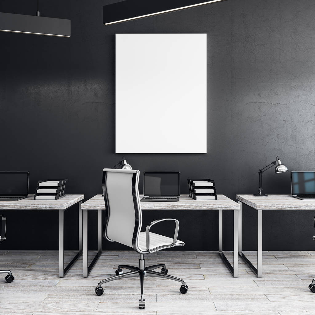 Современный офисный интерьер с рабочим пространством и пустым рекламным щитом на стене. Мокировка, 3D-рендеринг
  - Фото, изображение