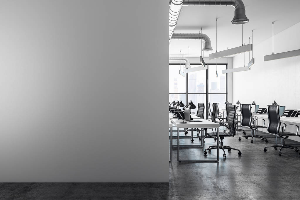 Beyaz ofis iç kopya alanı beton duvar ile coworking. Alay etmek yukarıya, 3d render  - Fotoğraf, Görsel