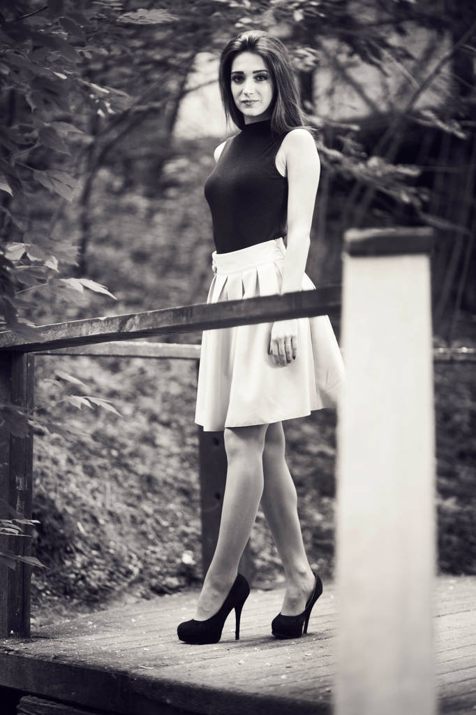 Giovane ragazza di bellezza in posa nel parco cittadino vicino ai bellissimi corrimano in legno
 - Foto, immagini