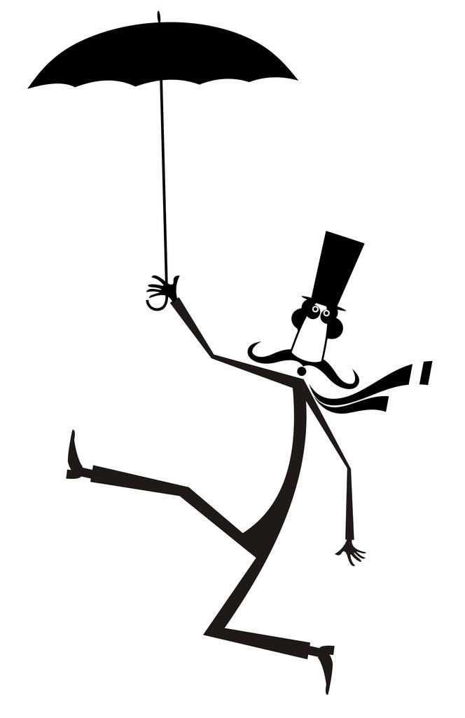 Człowiek wąsy w top hat z ilustracja na białym tle parasol. Człowiek wąsy w chodzenie z parasolem czarno na biały ilustracja kapelusz - Wektor, obraz
