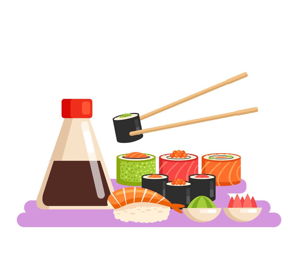 Involtino di sushi fresco con wasabi, zenzero, salsa di soia e bacchette. Il concetto di frutti di mare. Vettore piatto disegno grafico cartone animato isolato illustrazione
 - Vettoriali, immagini
