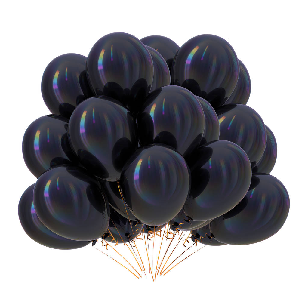Μαύρο μπαλόνι ματσάκι πολύχρωμο. Γενέθλια διακόσμηση κόμμα σκούρο γυαλιστερό. Κλασικό μπαλόνια ηλίου. Διακοπές, επέτειος, εορτασμός Καρναβάλι, διασκέδαση σύμβολο. 3D απεικόνιση - Φωτογραφία, εικόνα