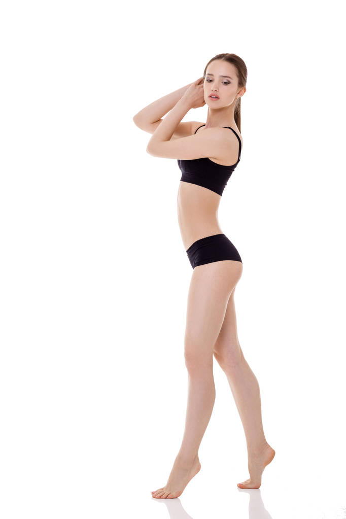 nő tökéletes sportos test, fekete fehérnemű - Fotó, kép