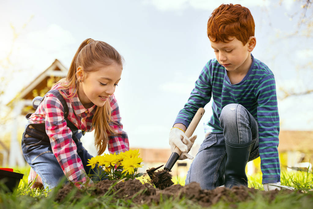 Cheerful positive girl planting flowers - Photo, Image