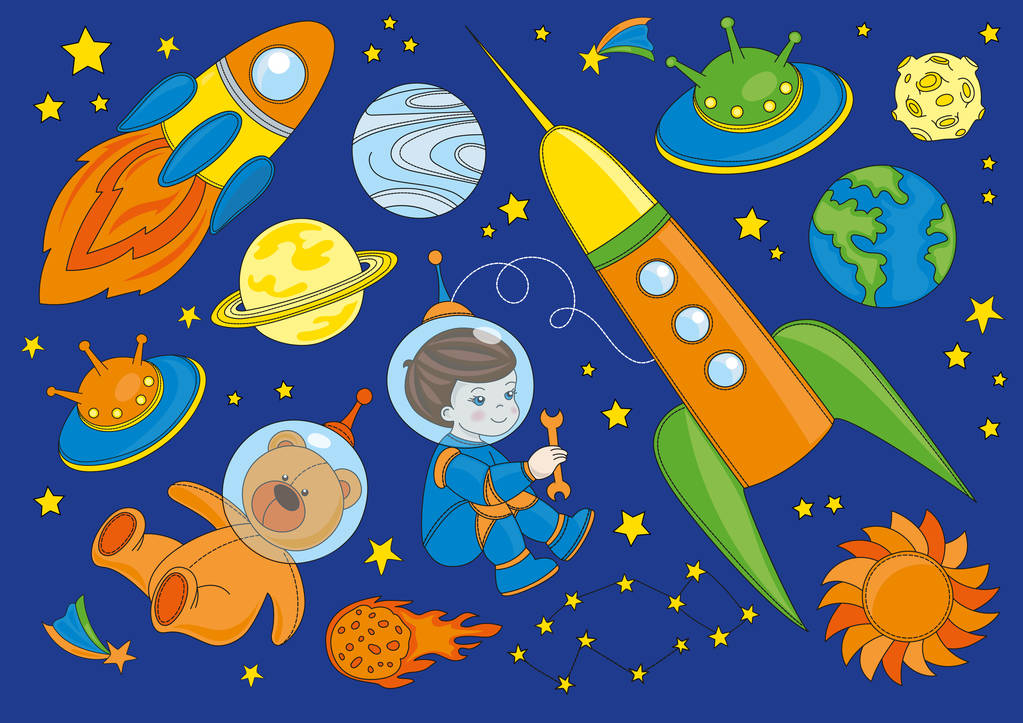Διάστημα διαστημόπλοιο εικονογράφηση διάνυσμα είναι πολύχρωμη εικόνα κινουμένων σχεδίων μαγεία για Scrapbooking Babybook εκτύπωση καρτών και άλμπουμ φωτογραφιών - Διάνυσμα, εικόνα