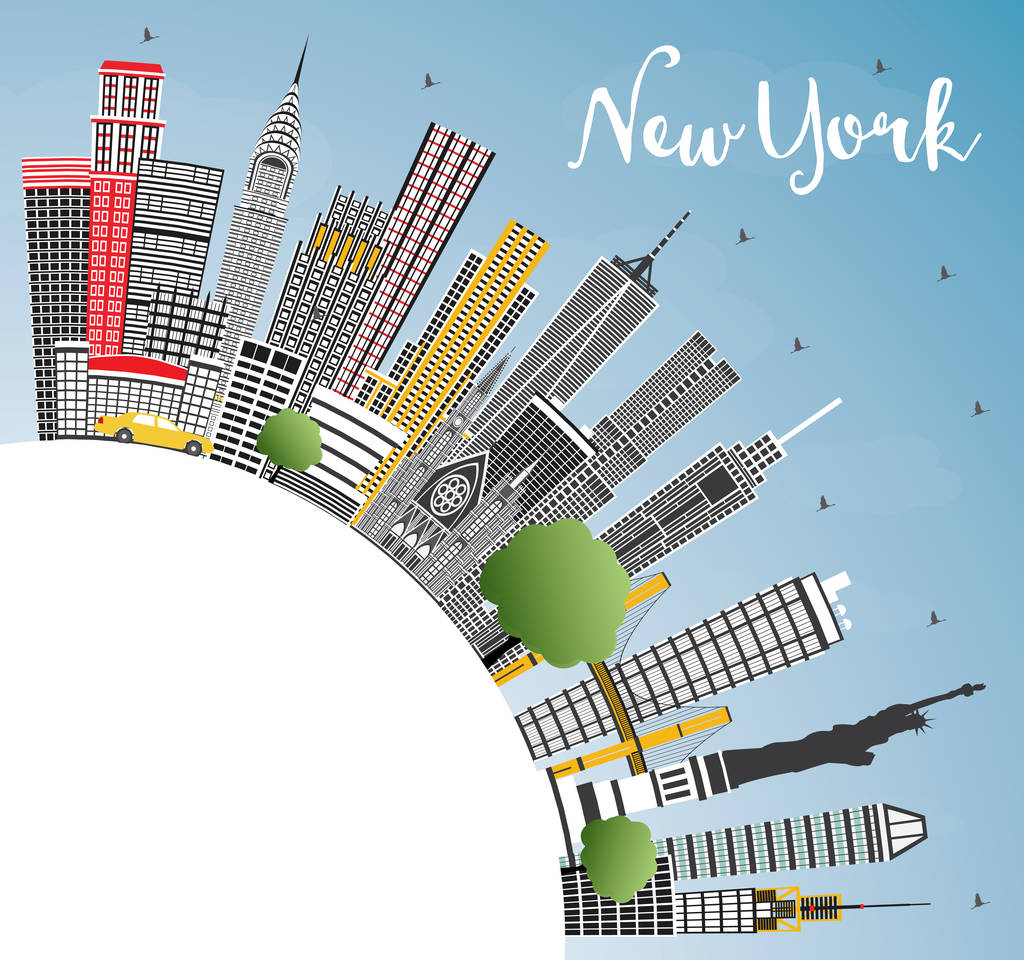 New York USA City Skyline con rascacielos grises, Blue Sky y Copy Space. Ilustración vectorial. Concepto de viajes de negocios y turismo con arquitectura moderna. Paisaje urbano de Nueva York con lugares de interés
. - Vector, Imagen