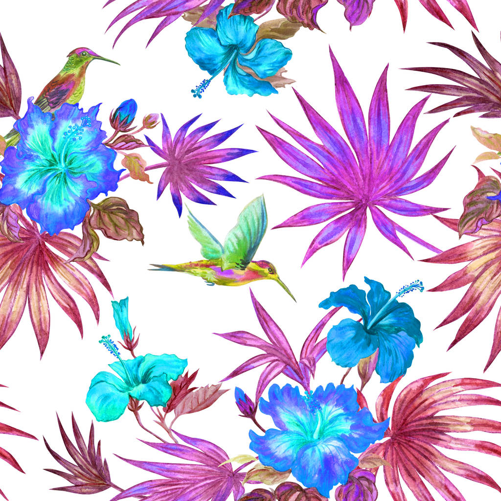 Naadloze aquarel patroon van kolibries, hibiscus en palm bladeren. - Foto, afbeelding
