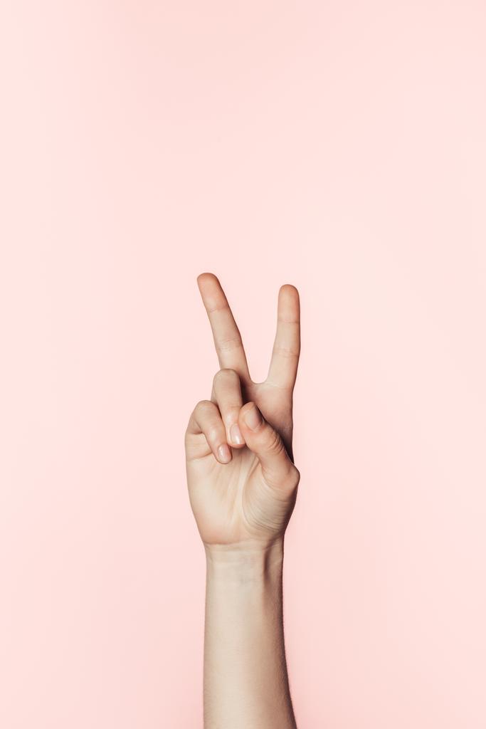 cropped shot of woman doing peace sign isolated on pink background  - Photo, Image