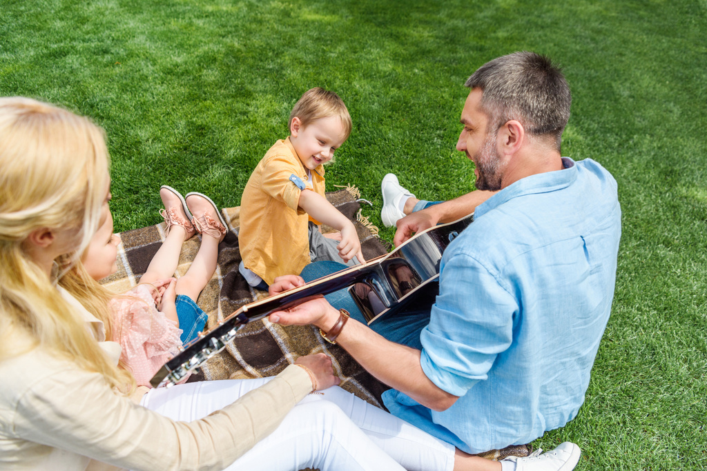ευτυχής πατέρας παίζει κιθάρα, ενώ οι δαπάνες χρόνο με την οικογένεια στο πάρκο - Φωτογραφία, εικόνα