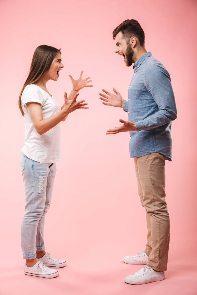 Ολόσωμο πορτρέτο ενός τρελών νεαρού ζευγαριού έχοντας ένα επιχείρημα που απομονώνονται σε ροζ φόντο - Φωτογραφία, εικόνα
