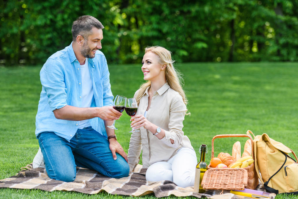 gelukkige paar rammelende glazen wijn samen zittend op plaid op picnic - Foto, afbeelding