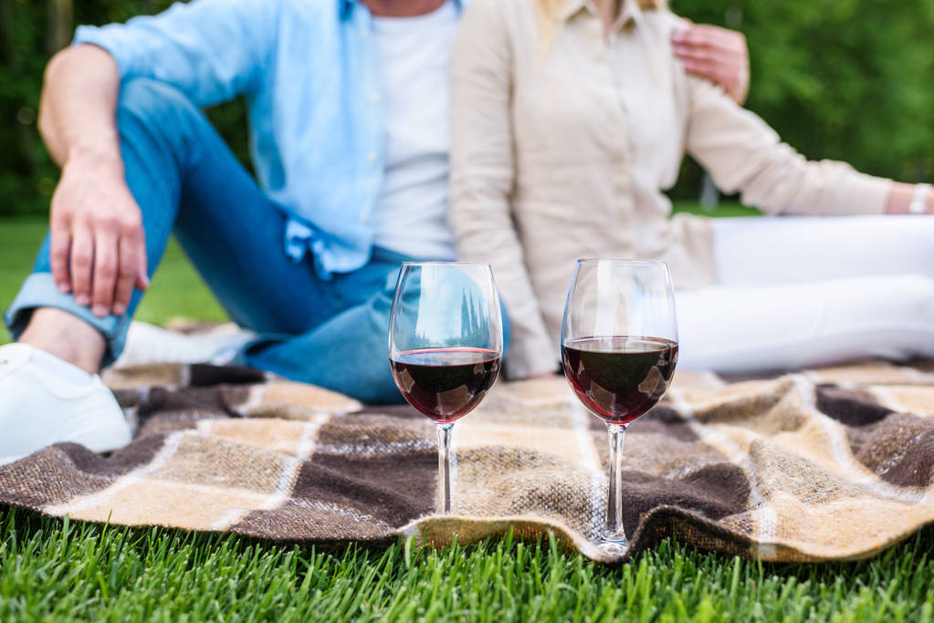colpo ritagliato di bicchieri di vino e coppia seduta sul plaid al picnic
 - Foto, immagini