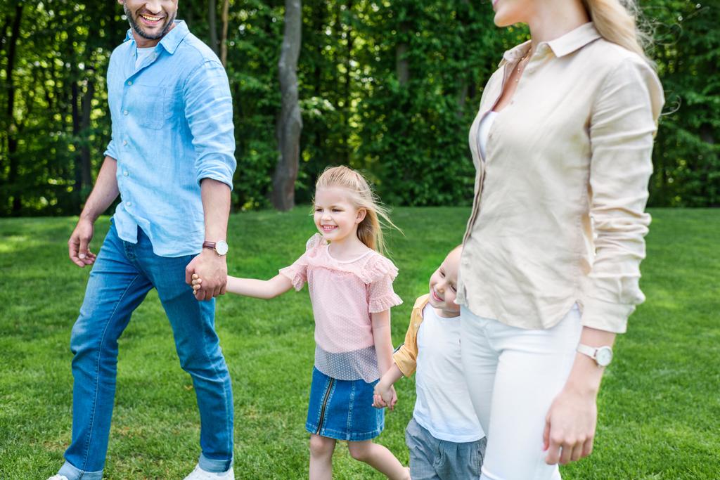 plan recadré de famille heureuse tenant la main et marchant ensemble dans le parc
 - Photo, image