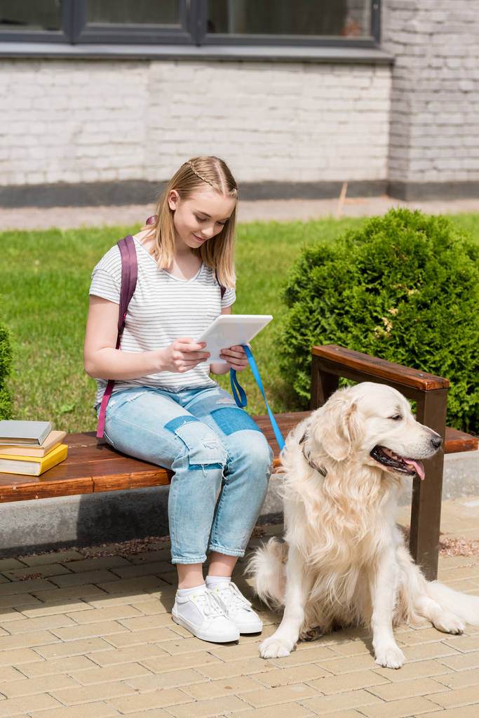 ευτυχισμένος φοιτητής του έφηβος κορίτσι που χρησιμοποιούν tablet ενώ κάθεται στον πάγκο με το σκύλο - Φωτογραφία, εικόνα