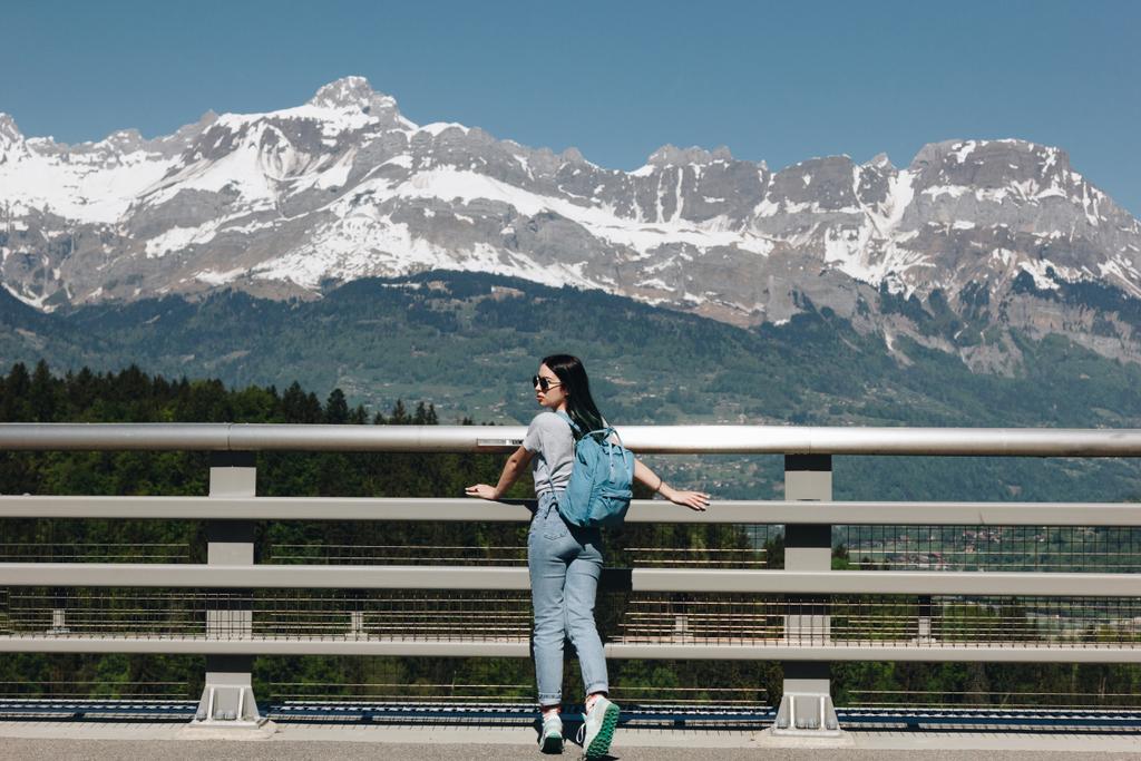 Вид сзади на молодую женщину с рюкзаком, стоящую в красивых живописных горах, Монт-Блан, Альпы
 - Фото, изображение