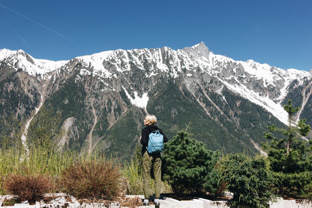 Вид сзади молодой женщины с рюкзаком, стоящей в величественных заснеженных горах, Монблан, Альпы
 - Фото, изображение