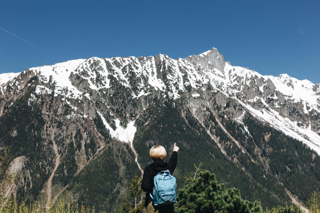Hátulnézet a fiatal nő a hátizsák mutató ujjával a fenséges hófödte hegyek, mont blanc Alpok - Fotó, kép