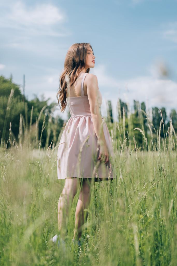 back view of young pensive woman in stylish dress standing in meadow alone - Photo, Image