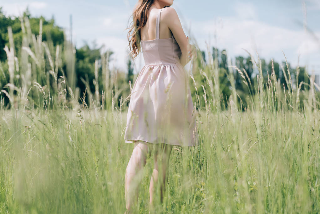 частичный вид женщины в стильном платье с длинными волосами, стоящей на лугу в одиночестве
 - Фото, изображение
