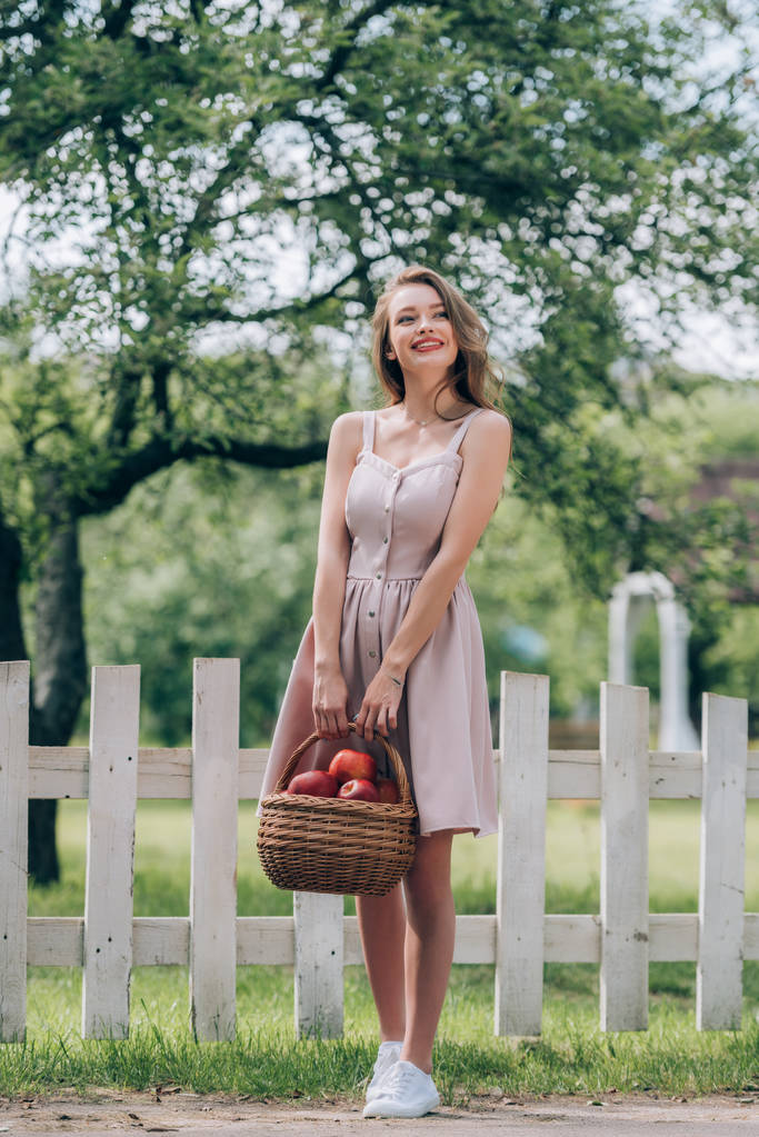 schöne lächelnde Frau mit Weidenkorb mit reifen Äpfeln auf dem Land - Foto, Bild
