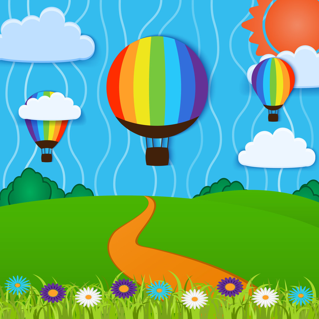 Zelená krajina s balóny na horký vzduch a mraky - Vektor, obrázek