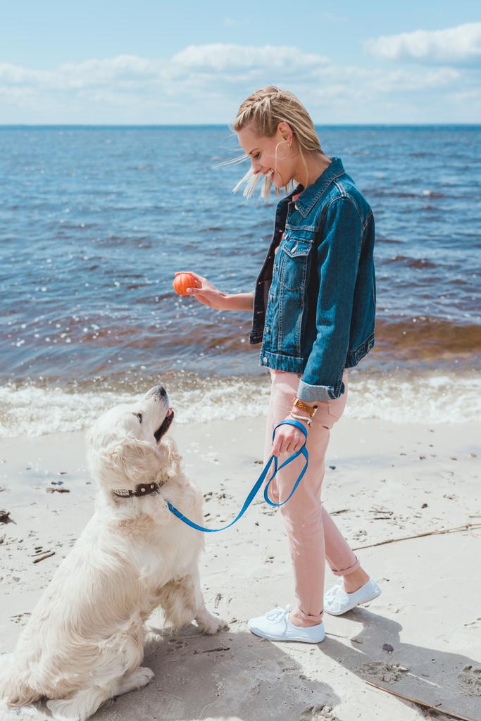 美しい女性が海岸にフレンドリーな犬とボールをプレー - 写真・画像
