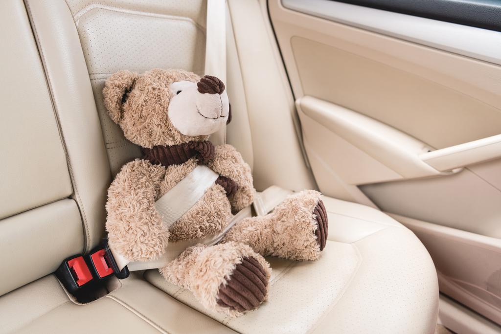 close up view of teddy bear with fastened seat belt in car - Photo, Image
