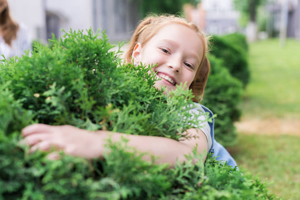 portrait of cheerful child hugging green bush - Photo, Image