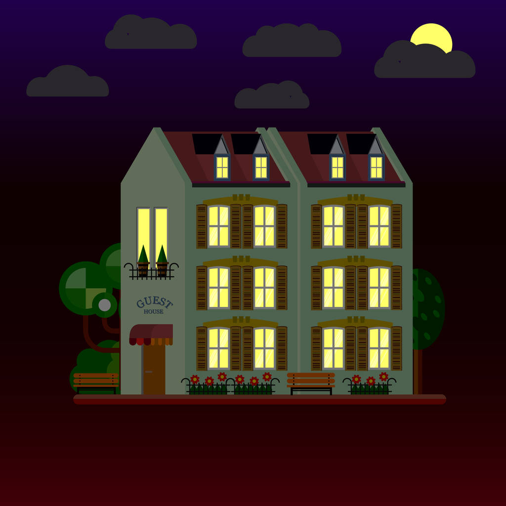 Ilustraciones planas de casa por la noche. Edificio de tres pisos. Vector
. - Vector, imagen