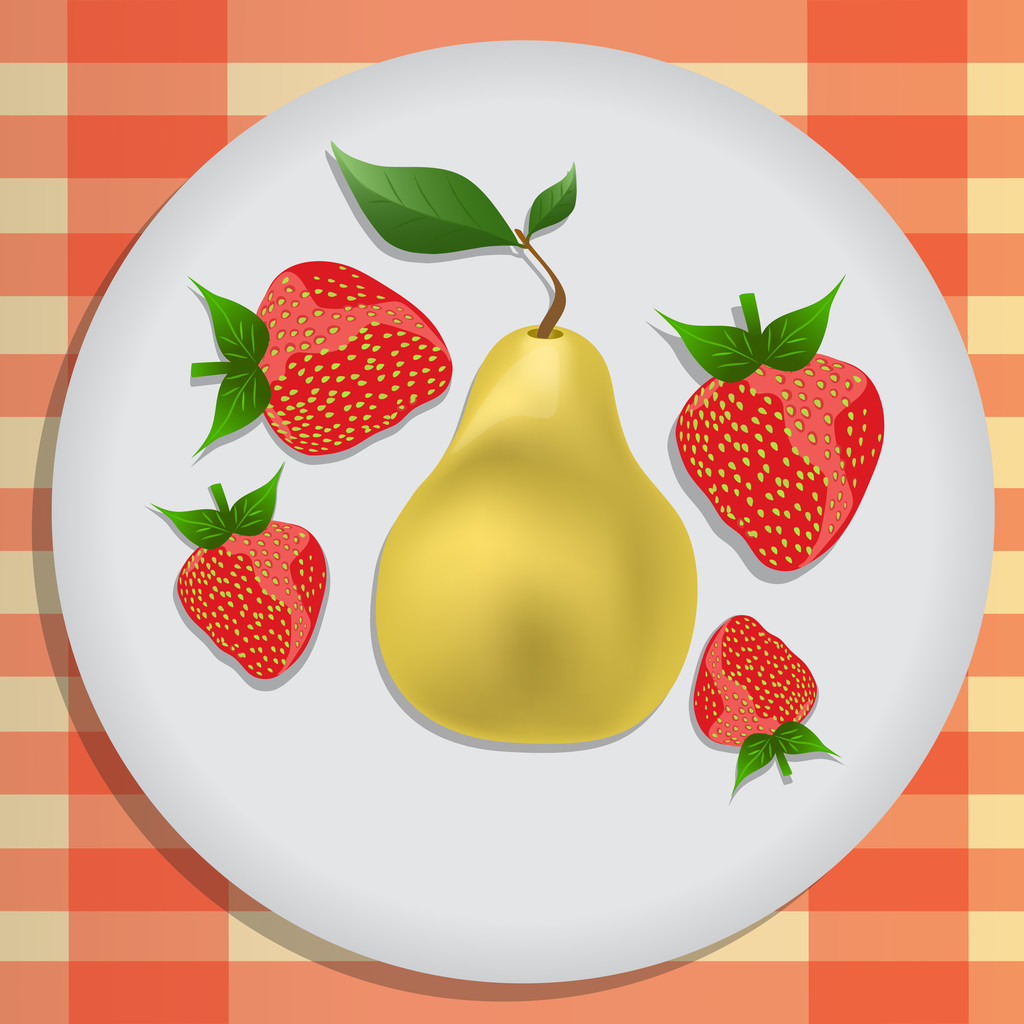 pear and strawberry on a plate - Vector, Image