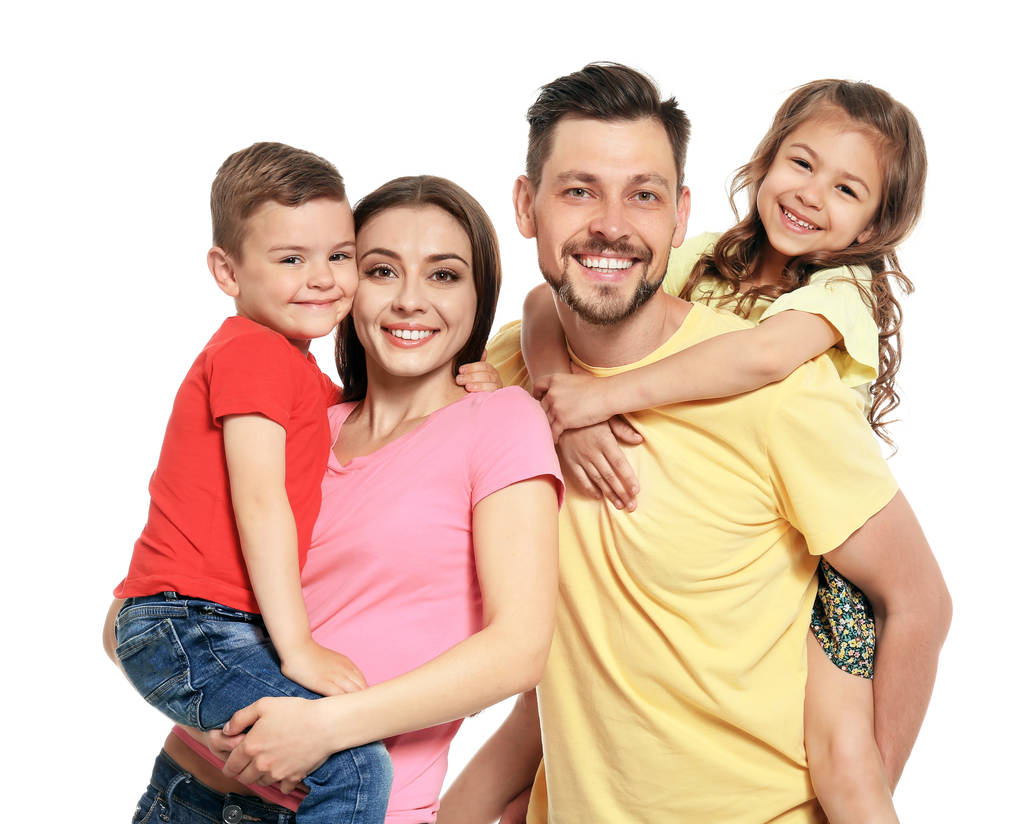Retrato de família feliz com crianças em fundo branco
 - Foto, Imagem