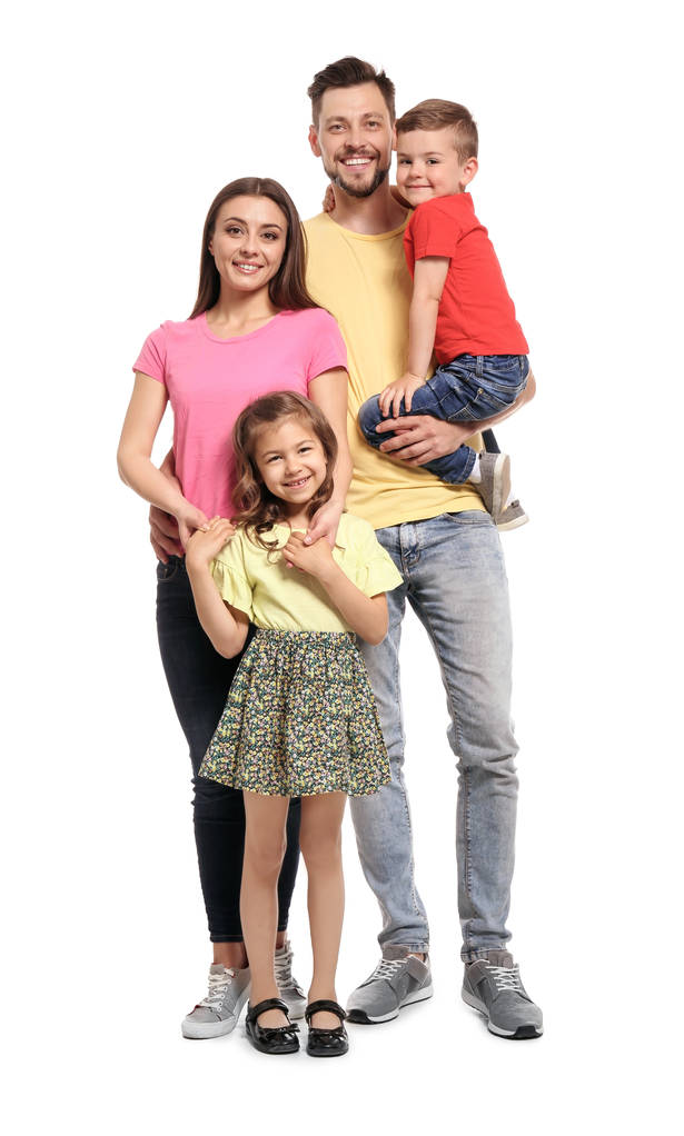 Retrato de comprimento total de família feliz com crianças no fundo branco
 - Foto, Imagem