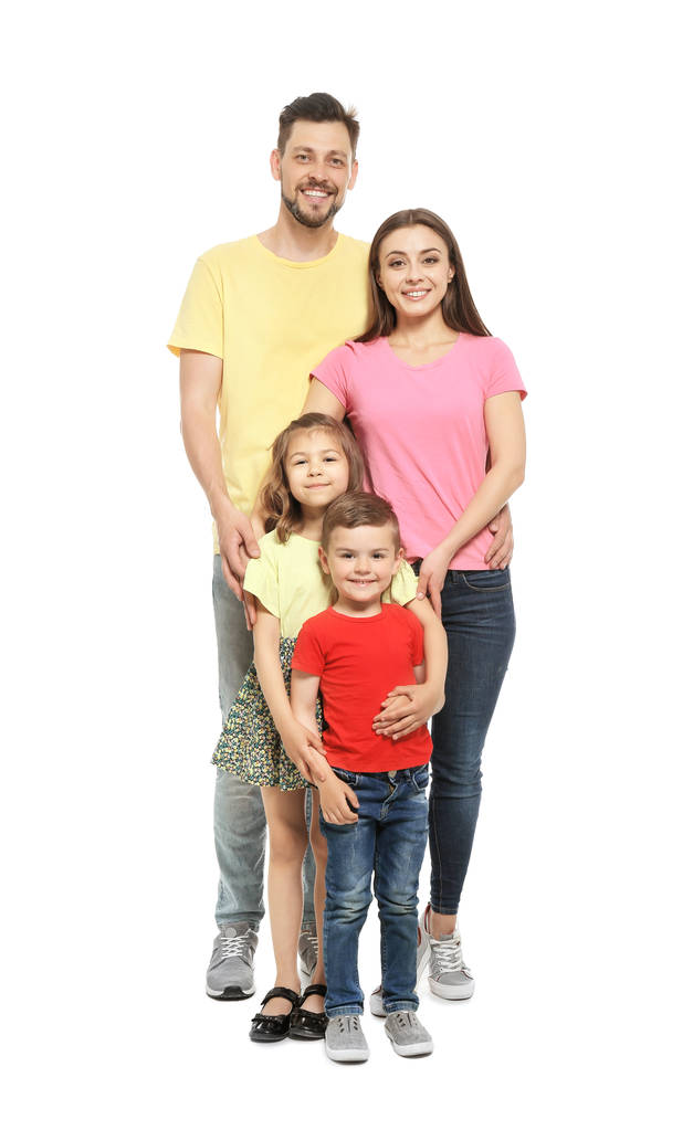 Full length portrait of happy family with children on white background - Photo, Image
