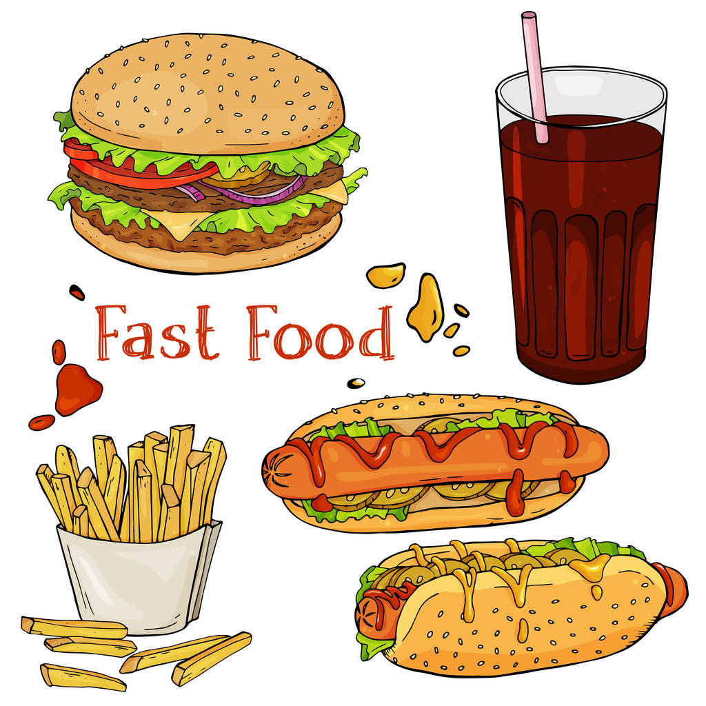 Een set van handgetekende fast food. Het eten van fast-food voor menu's, en de reclame of de verpakking. Schets. Vector design - Vector, afbeelding