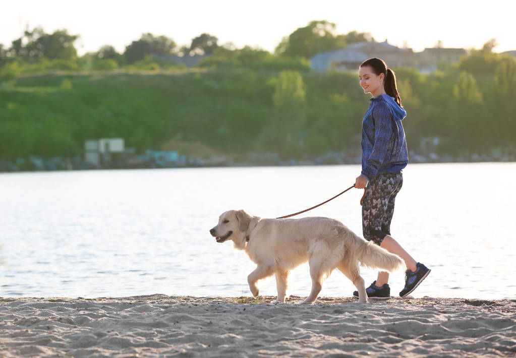 junge Frau mit ihrem Hund zusammen am Strand. Haustierpflege - Foto, Bild