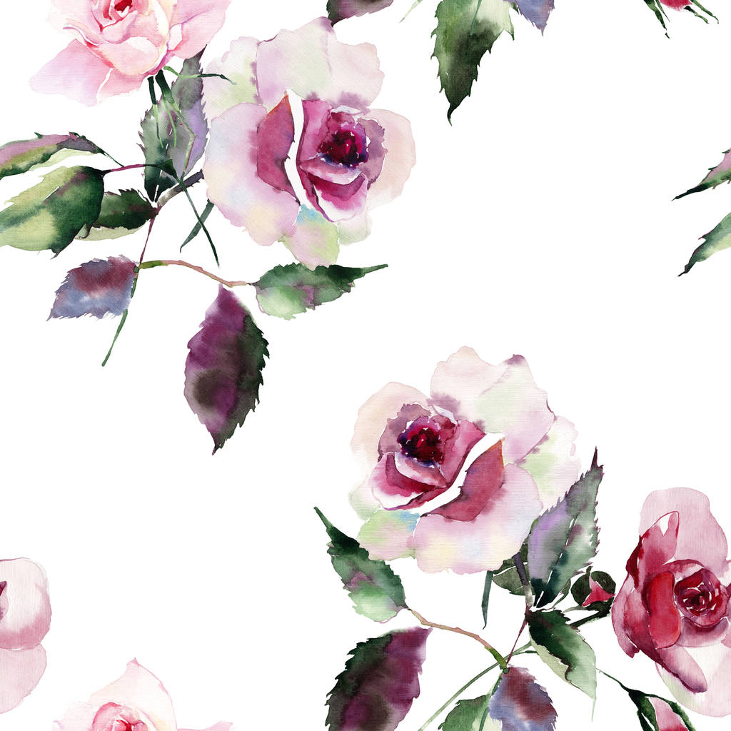 Szép fényes elegáns csodálatos színes finom rózsaszín rágva növényi Rózsa rügyek és a zöld levelek minta akvarell kézi illusztráció. Tökéletes üdvözlőlap, textil-, tapéta - Fotó, kép