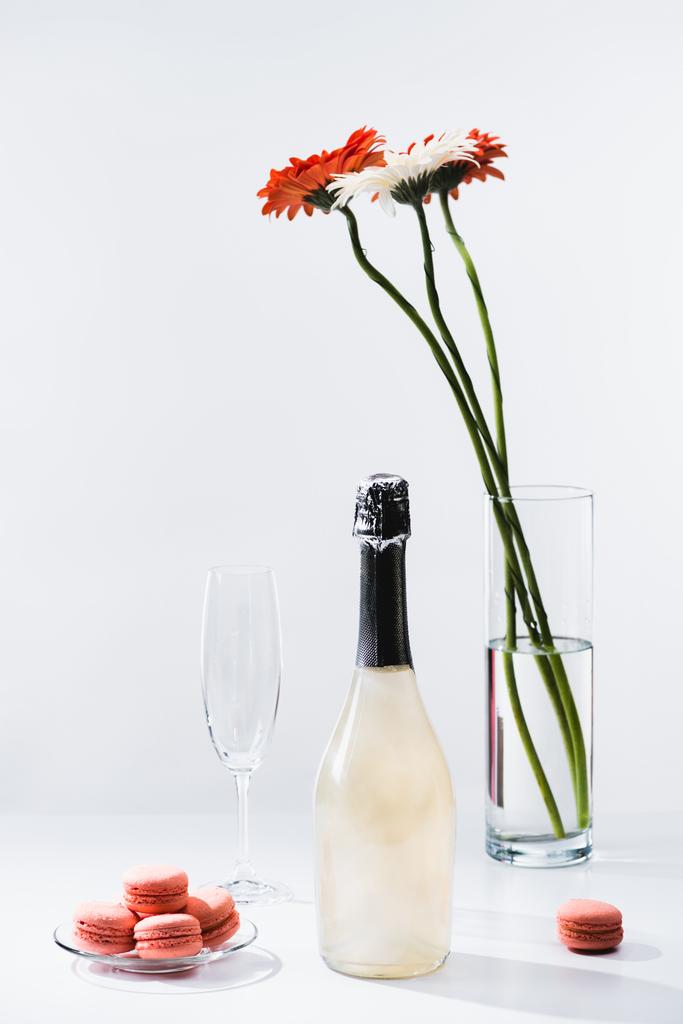 lähikuva macaroneista, tyhjä lasi, pullo samppanjaa ja kukkakimppu gerberaa harmaalla taustalla
 - Valokuva, kuva