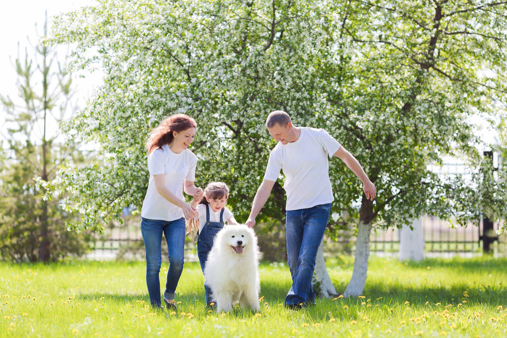 A férj, a feleség és a kislányom fehér ruhák és a farmer, és egy fehér kutya, a többi a kertben. - Fotó, kép