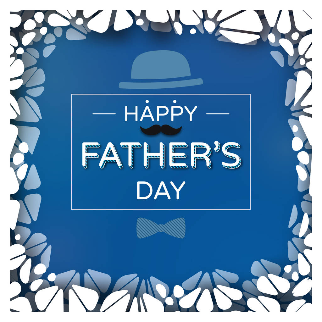 Tarjeta de felicitación del día del padre feliz con ilustración de caligrafía y marco de forma redonda sobre fondo azul plano
 - Vector, Imagen