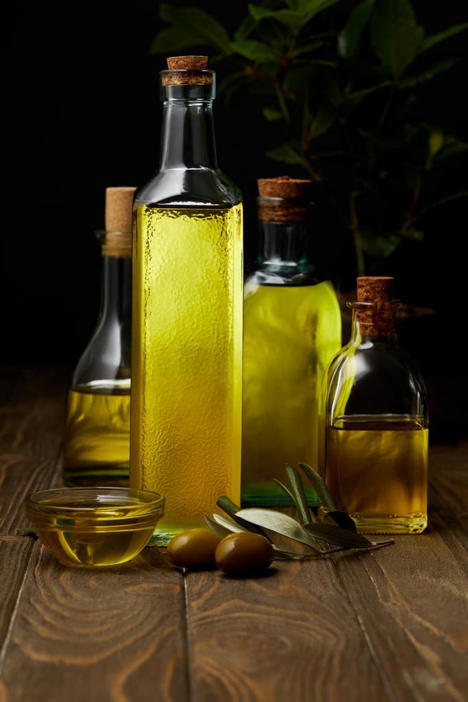 пляшки різної оливкової олії на дерев'яній поверхні
 - Фото, зображення