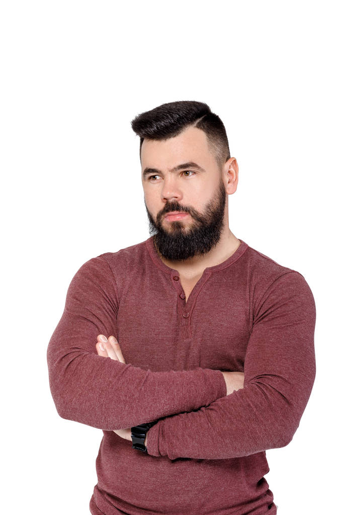 súlyos fiatal szakállas ember elszigetelt fehér background - Fotó, kép