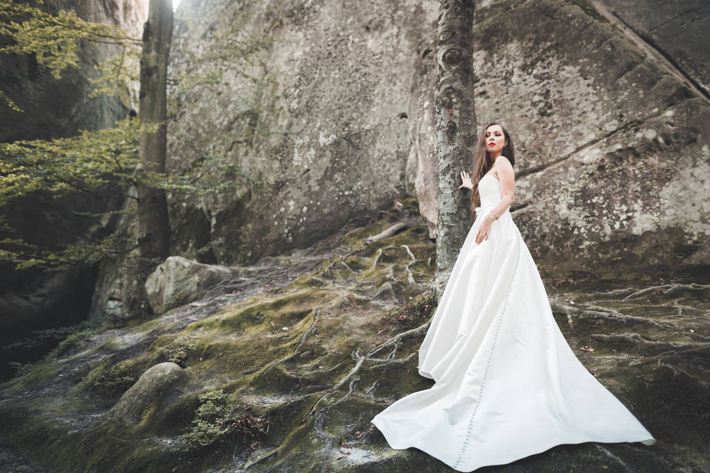 Mooie bruid met een boeket poseren in bos met rotsen. Buitenshuis - Foto, afbeelding