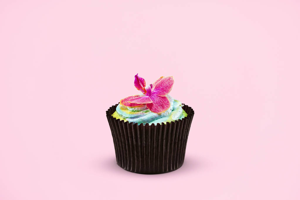 Cupcake. Ciastko deser na różowym tle kolorowe. Zbliżenie na smaczne ciasto. O wysokiej rozdzielczości - Zdjęcie, obraz