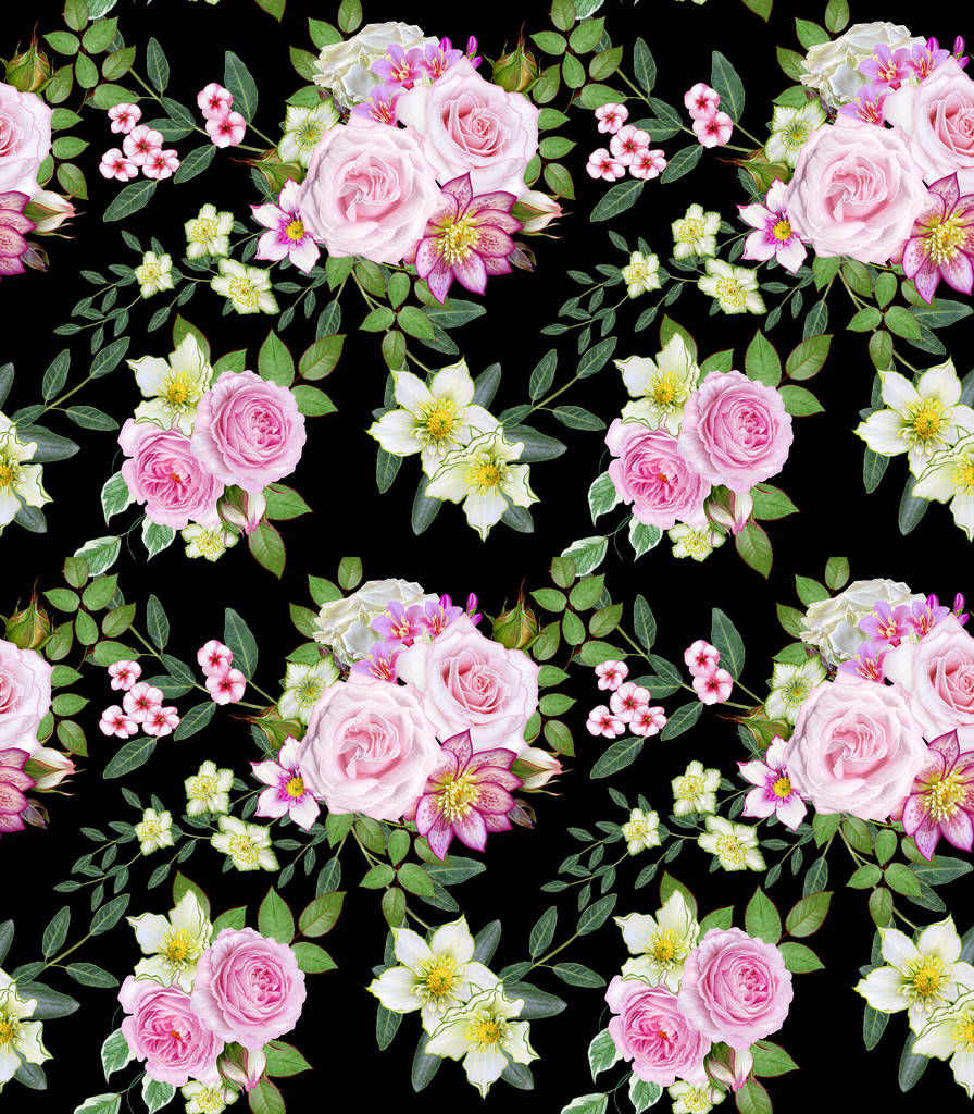 花のシームレスなパターン。フラワーアレンジメント、花束繊細な美しいピンクのバラ、緑の葉します。. - 写真・画像