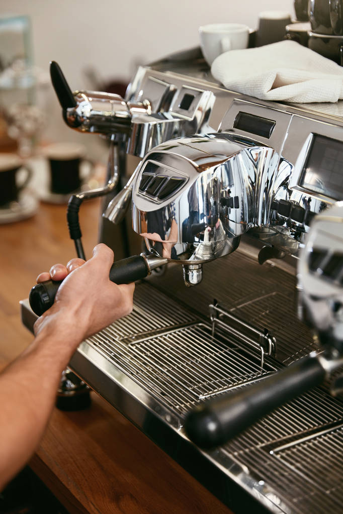 Barista Working On Coffee Machine In Cafe Closeup. High Resolution. - Photo, Image