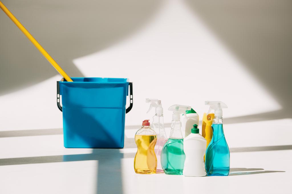 various cleaning products, mop and bucket on white - Photo, Image